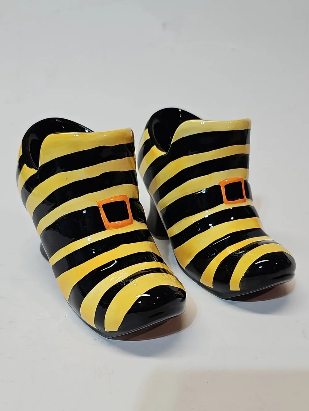 Vintage Halloween Pier 1 Imports Striped Ceramic Witch Boot/Shoe Candle Holders